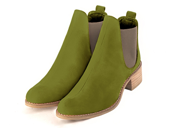 Pistachio green and bronze beige women's ankle boots, with elastics. Round toe. Low leather soles. Front view - Florence KOOIJMAN